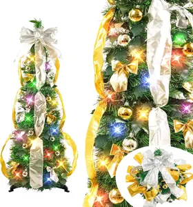 N&T NIETING Pop up Christmas Tree Decorations Artificial Collapsible Tree with Lights 8Modes&Timer Predecorated Pencil Tinsel Tree for Home Apartment Office Indoor Outdoor Party Xmas Décor, 3FT, Green