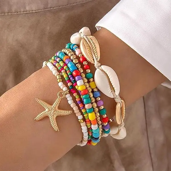 GleamJoy Female Bright Ethnic Casual Waterproof Layered Stacked Bracelet Sets - Bohemian Bead, Conch Shell, Shell Mix Jewelry for Daily Wear, Ideal for Friends