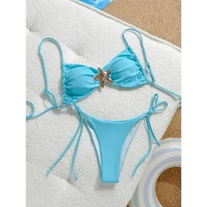 Sexy Lake Blue Starfish Buckle Tie Bikini High Cut Low Waist Vacation Set Soft Lightweight 2 Piece Polyester Swimwear Bikini with Back Tie guard rash brazilian bikinis