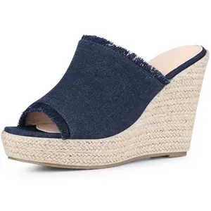 BLISSFUL STEP Women's Espadrilles Wedge Open Toe Denim Wedge Jean Shoes Slip on Slide Mules Sandals