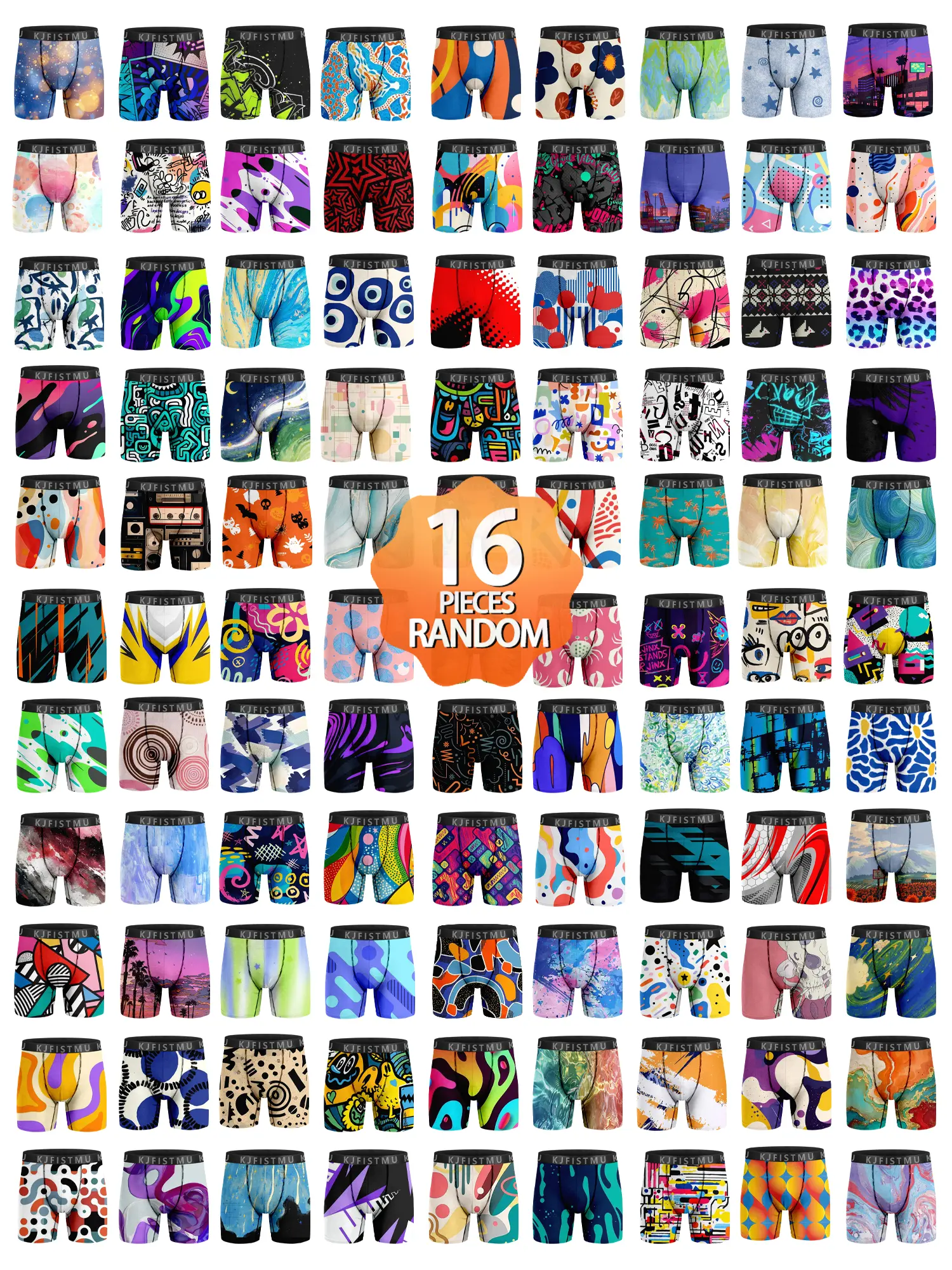 16-Piece Random Assortment of Men's Boxer Briefs Comfortable and breathable with trendy patterns Say goodbye to decision fatigue Great value bulk pack Perfect for home, work, or workouts Surprise gift for holidays Men's Underwear