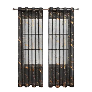 Quandoli Gold Stamping Marble Window Screen Perforated Semi Blackout Sheer Curtain Living Room