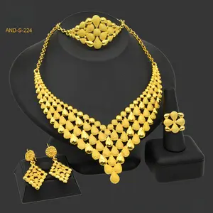 Nigeria Dubai 24K Gold Jewelry Set Bride Necklace Bracelet Earrings Ring Four-Piece Set