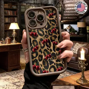 Trendy Cherry Leopard Print Pattern Aesthetic Phone Case for iPhone 17 16 15 14 Pro Max 13 12 11 XR XS Plus Air Slim Lightweight Shockproof Anti Drop Protective Durable TPU Cover