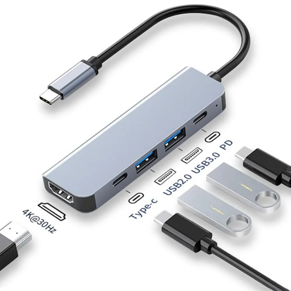 5 in 1 USB C HUB HDMI Adapter, Multi Port Adapter, 1 Count USB-C HUB Splitter with 4K HDMI, USB 2.0, USB 3.0 Ports for MacBook Pro/Air, iPad, iMac, iPhone, USB Port Adapters, USB C Interface, USBC Splitter, Usb Adapters For Multiple Devices