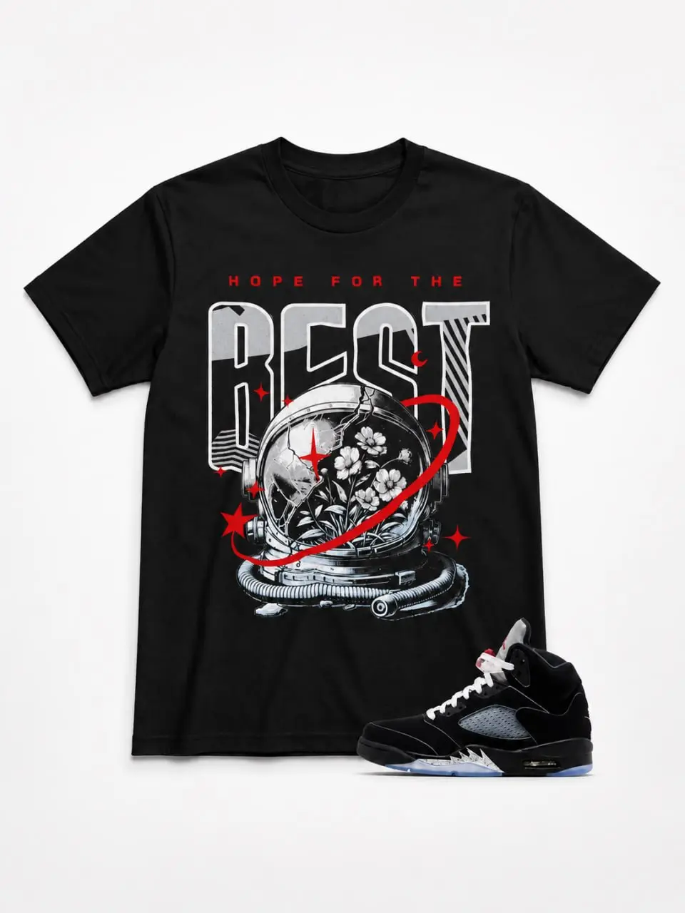 Men's Casual Cotton Short-Sleeve T-Shirt, Matching for Hopeless JD 5 Black-Metallic Silver Sneakers
