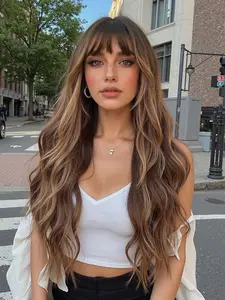 30 Inch Fashionable New Long Curly Brown Wigs with Bangs and Highlights, Synthetic Women's Wigs for Ordinary Work, Life, Dance Parties and All Occasions, Synthetic Hair Wig