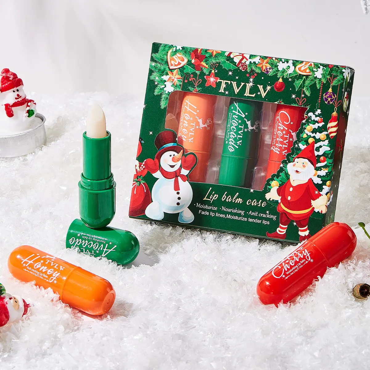 Christmas Lip Balm Gift Set with Mineral Oil, Beeswax & Jojoba Seed Oil, Moisturizing & Nourishing Lips, Perfect Winter Care Silicone Ice Roller for Face with Funnel Moisture Hydrate Moisturize Moisturizer Hydrating