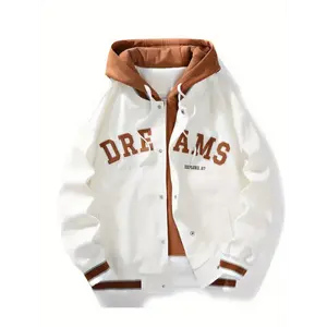 Men's Casual Hooded Varsity Jacket, Street Style Letter Print Jacket Menswear Pocket