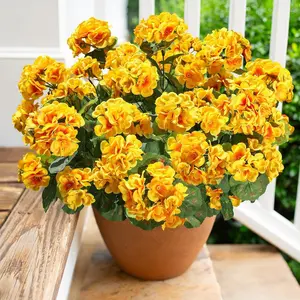 Artificial Geranium Flowers Outdoor Winter Decoration, 6 Bundles Silk Geraniums UV Resistant Realistic Yellow Artificial Plants for Front Door Garden Pots Terace Balcony Courtyard Home
