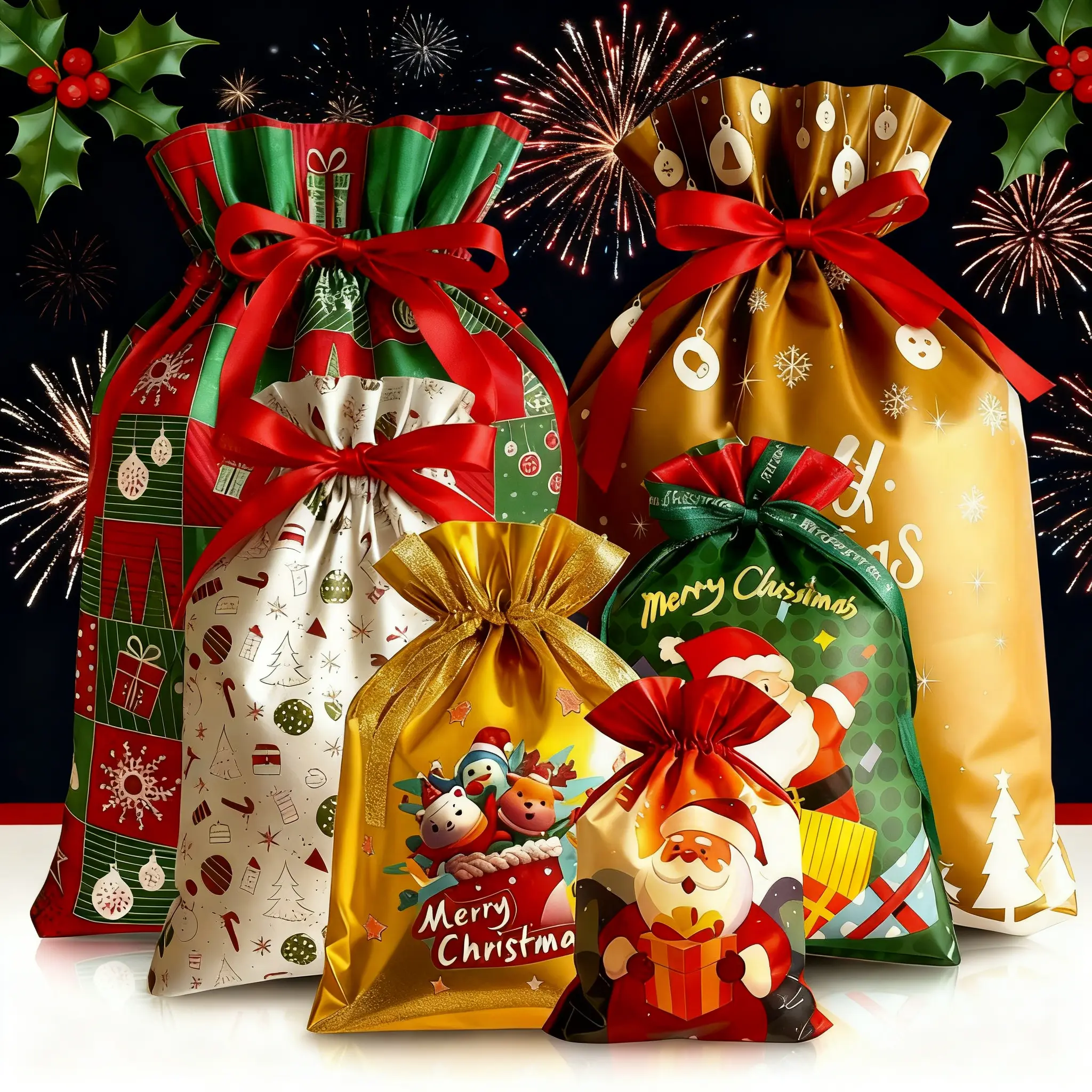54PCS Christmas Gift Bags, 18 Assorted Designs & 6 Sizes, Reusable Drawstring Gift Bags with Santa, Snowman & Reindeer Patterns, Christmas Gift Wrapping Bags with Ribbons for Xmas Presents, Kids, Candy, Treats, Goodie Bags & Party Favors