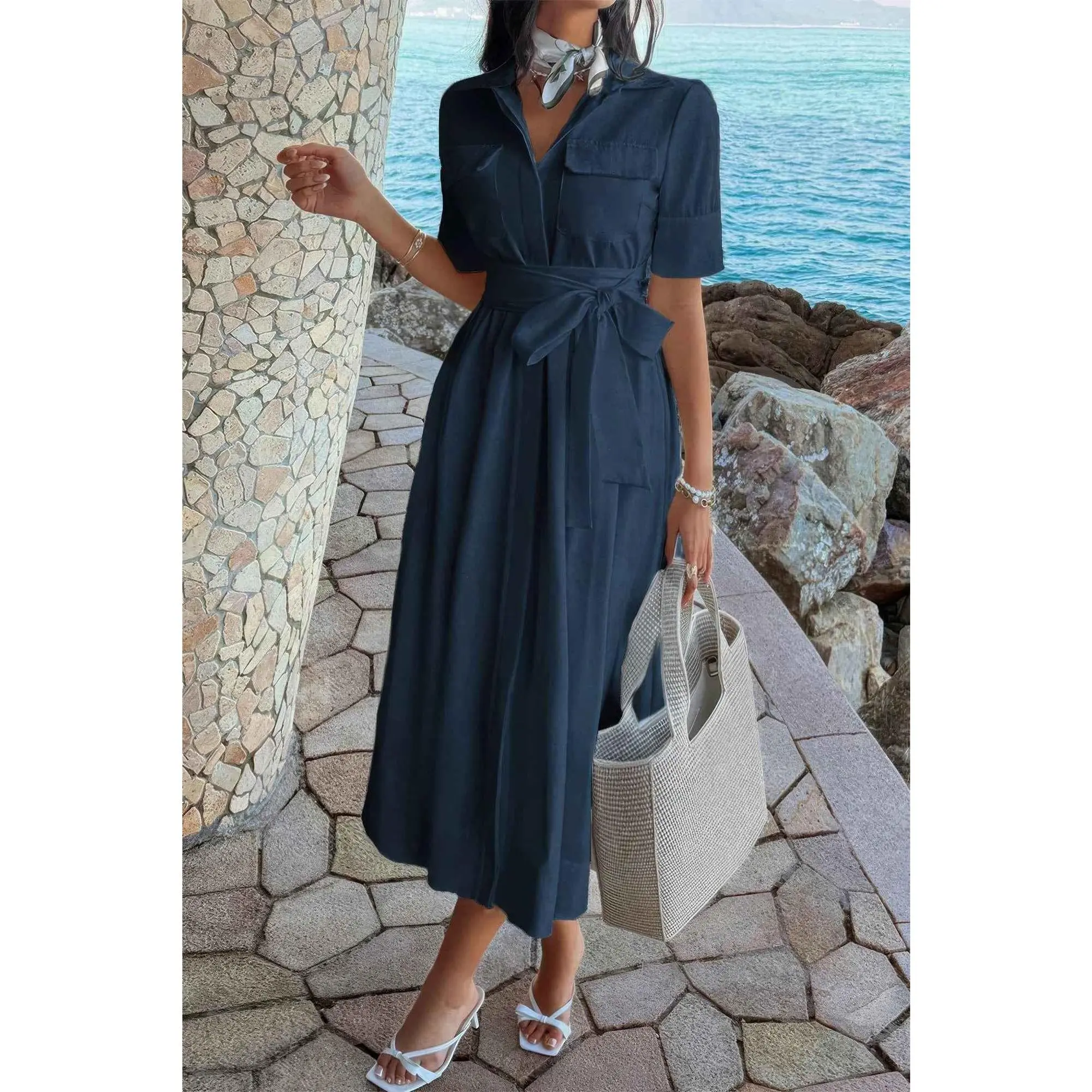 Women's Essential Everyday Solid Polyester Fabric Dress, Pocket Design, Turn-Down Collar, A-Line Silhouette