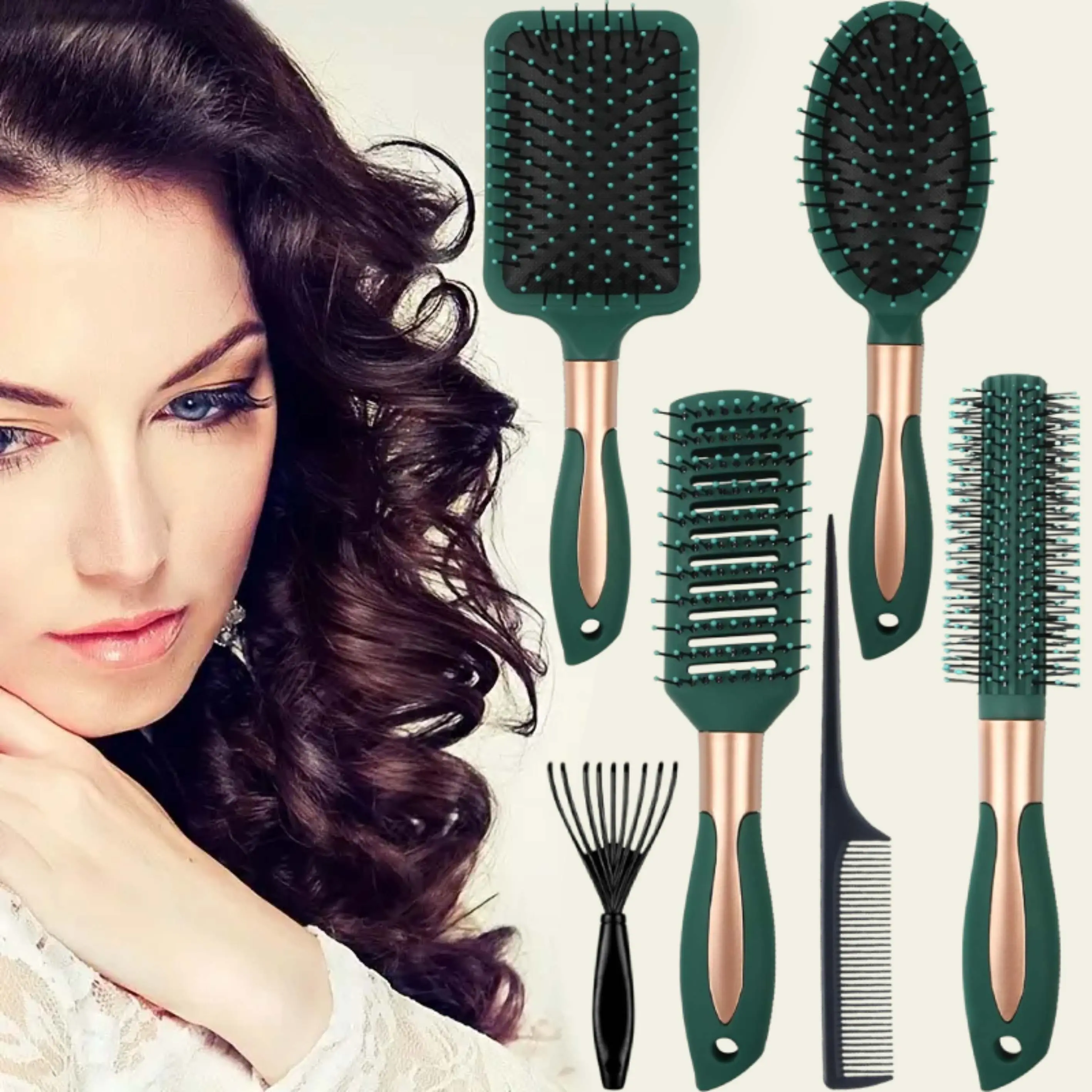 6Pcs Hair Brush Set,Anti Static Massage Oval Comb,Detangling Brush Round Hair Brush Vent Hair Brush,Flexible Soft Pin Bristles for Long Thick Curly Wavy Dry Damaged Hair