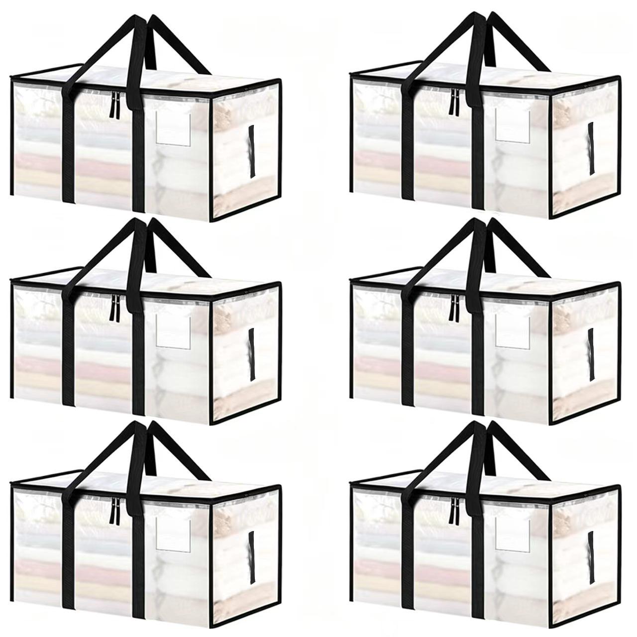 Large-capacity, transparent, thick-walled plastic storage bins with hinged lids; sturdy, durable, high-capacity organizers ideal for home use, camping, travel, attics, dorm rooms, and moving
