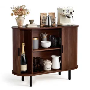 Coffee Bar Cabinet, Mid Century Fluted Coffee Bar Table, Buffet Stand Cabinet With Two Sliding Doors, Sideboard Buffet Station For Living Room, Entryway And Kitchen, 39.3 x 15.7 x 29.5 In, Walnut