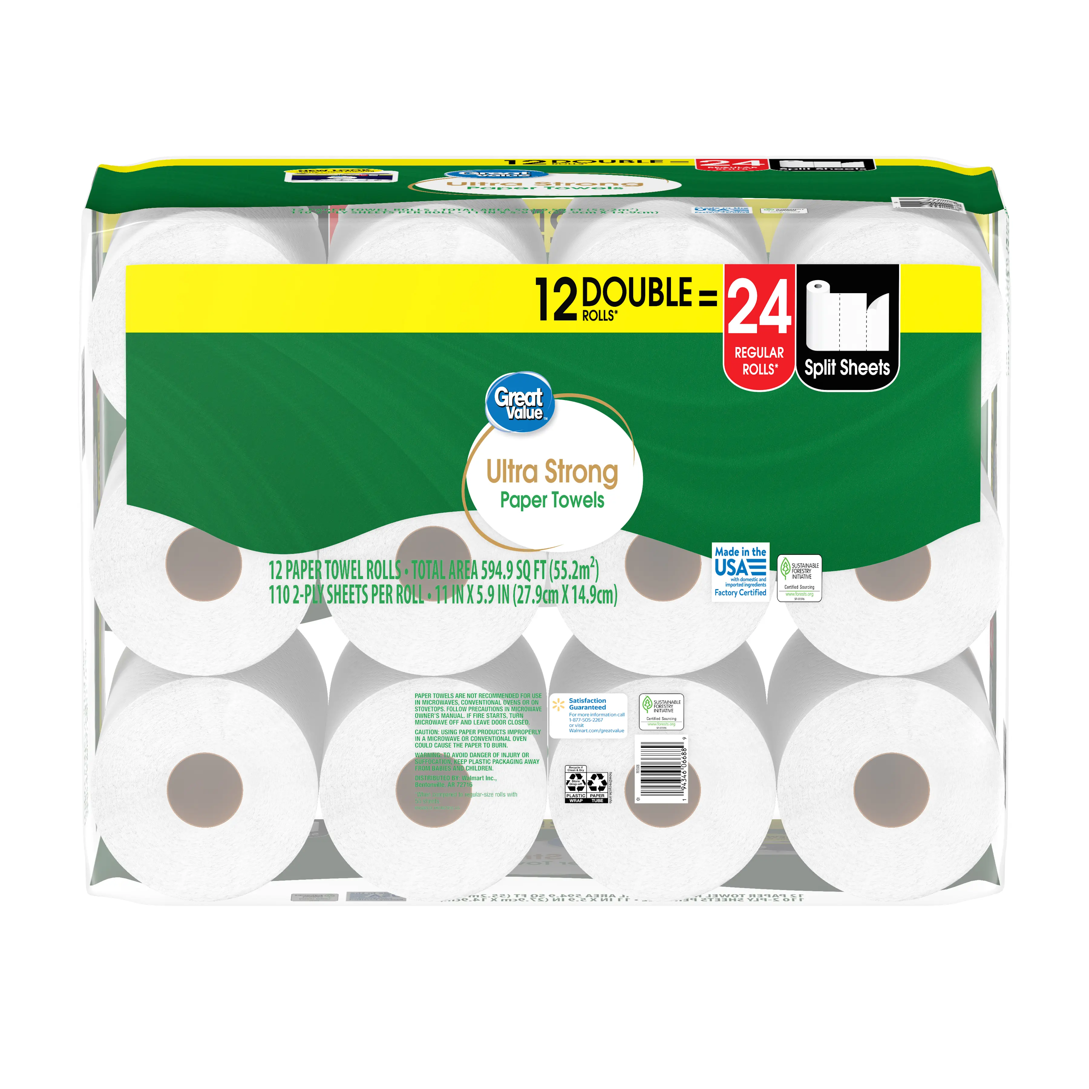 Great Value Ultra Strong Absorbent Paper Towels, 12 Double Rolls Household Towels with 11x5.9 in Sheets for Kitchen Spill Cleanup, White Material
