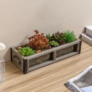 Brown Wood Window Box Planter with Metal Mesh Sides and Brass Tone Handles, DIY Artificial Succulents and Moss Filler