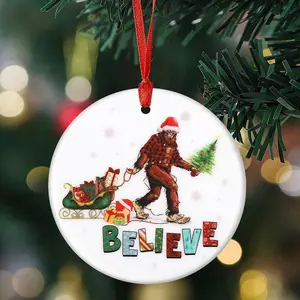 Believe Santa Claus Sleigh Round Ceramic Home Decor, Christmas Tree Ornaments, Window Fireplace Garden Hanging Decoration, Christmas Holiday Gift
