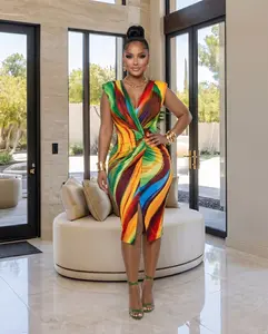 Alizey Multi-Color Deep V Front Midi Dress