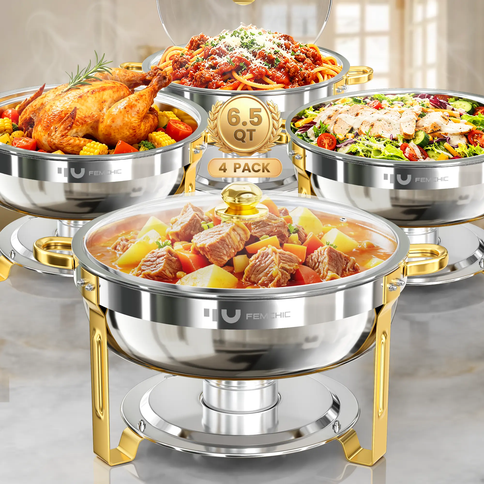 Femchic 6.5QT Chafing Dishes for Buffet, 2/4 Pack Stainless Steel Round Chafer Set with Glass Lid, Stackable & Smooth Rim, Dishwasher Safe, for Catering, Parties, Weddings & Holiday Gatherings (Gold or Rose Gold)