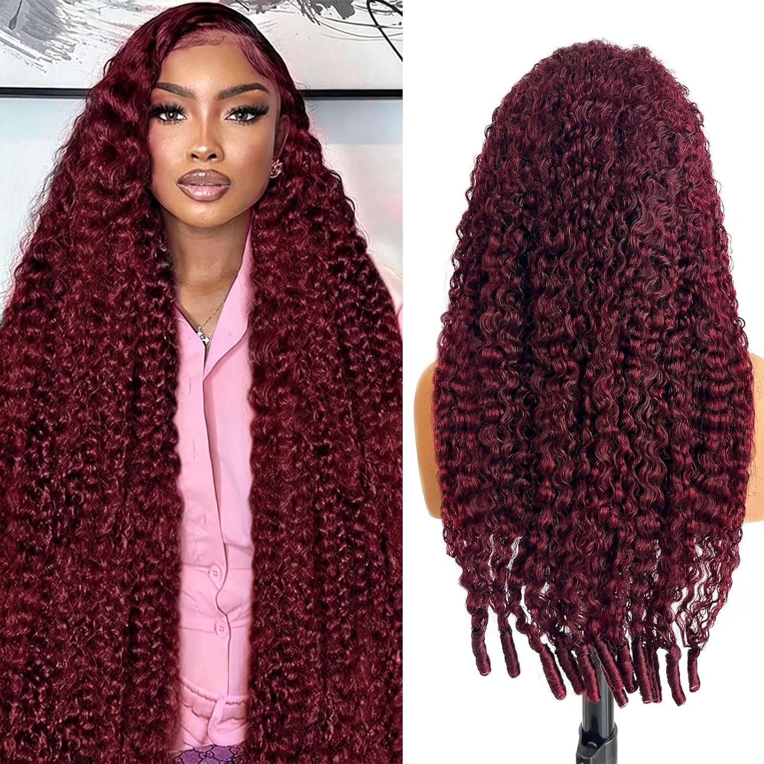 Bling Hair Burmese Curly Wig Human Hair 13x6 99J Burgundy Lace Front Wigs Human Hair 180% Density HD Lace Frontal Wigs Pre Plucked Virgin Remy Hair Burgundy Wig