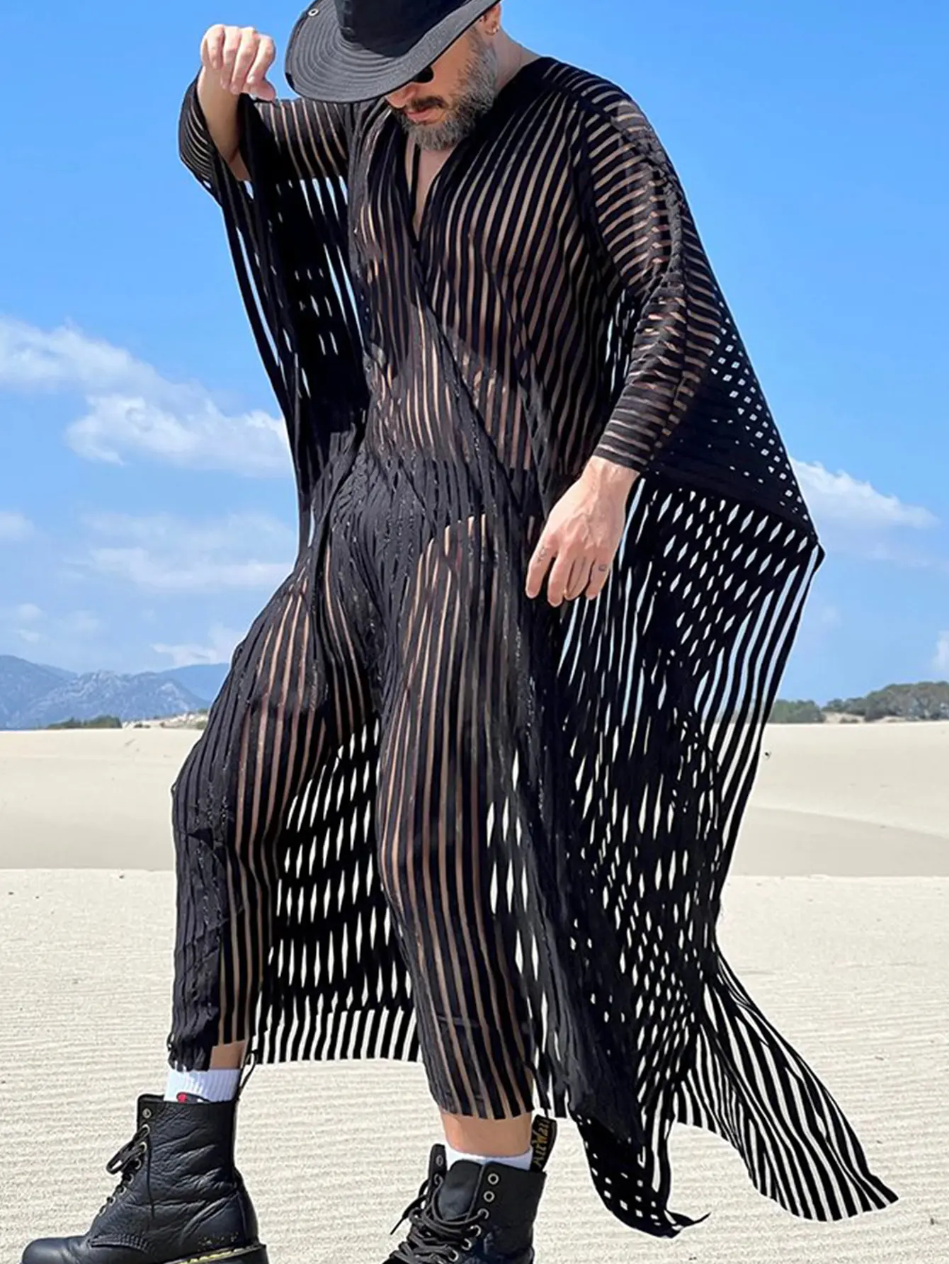 Men Black Striped Half Sleeve Pullover, Casual Bohemian Semi Sheer V-Neck Cape Robe Loungewear Nightwear