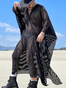 Men Black Striped Half Sleeve Pullover, Casual Bohemian Semi Sheer V-Neck Cape Robe