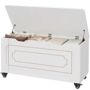 【GARVEE】Storage Chest, Wooden Storage Bench with 4 Wheels, 39.4" Storage Trunk with 2 Safety Hinges, Supports 350 Lbs, Round Corner, U-Shape Cutout, for Entryway, Living Room, White