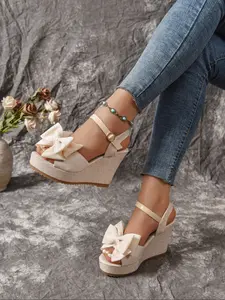 Summer New Sweet  Wedge Sandals for Women – Platform Peep Toe Heels with Bowknot Design and Adjustable Buckle Strap, Casual Vacation Beach Style Wedge Sandal Shoes
