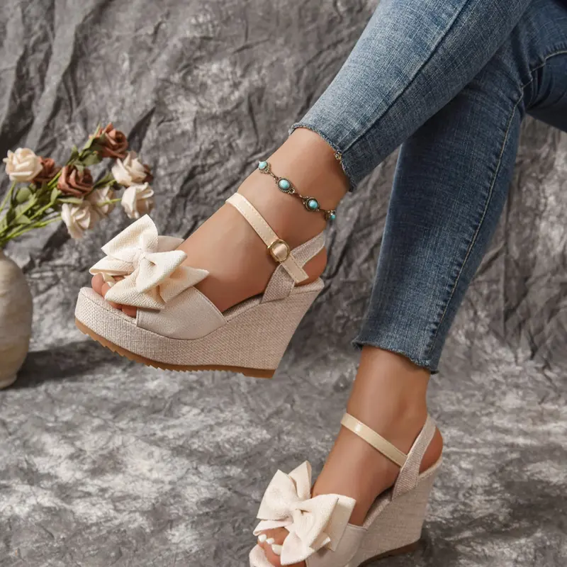 Summer New Sweet  Wedge Sandals for Women – Platform Peep Toe Heels with Bowknot Design and Adjustable Buckle Strap, Casual Vacation Beach Style Wedge Sandal Shoes