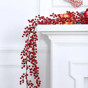 One artificial red berry vine - Red berry wreath Christmas decoration - 6.23 feet with flexible stems, suitable for holiday fireplace staircase table decoration, Dining Table Centerpiece, Christmas - festive table decoration for celebration events