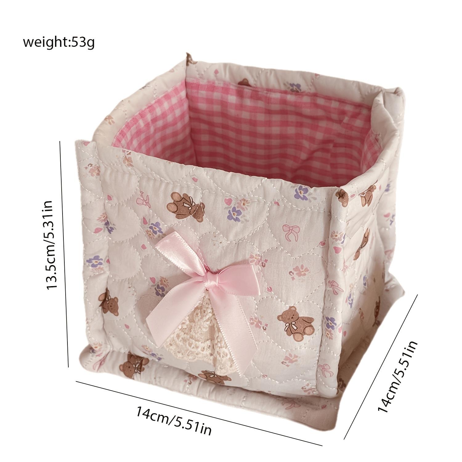 Bow stitched desktop storage box, small bear floral fabric storage basket, girly cosmetics organizer
