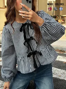 Women's Gingham Print Tie Front Blouse, Elegant Bishop Sleeve Top for Spring & Fall, Women's Clothing for Daily Wear