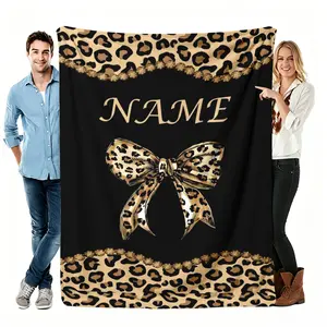 Personalized Custom Name Leopard Print Bow Floral Vintage Flannel Blanket - Soft And Comfortable Material, Digital Printing, Suitable For All Seasons, Nap, Camping, Travel - Machine Washable Gift For Relatives And Friends(Message Remarks)