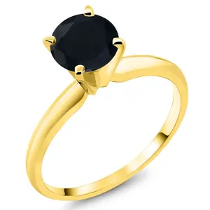 Gem Stone King 14K Yellow Gold Black Onyx Solitaire Engagement 4-Prong Ring For Women | 0.80 Cttw | Round 6MM | Gemstone December Birthstone