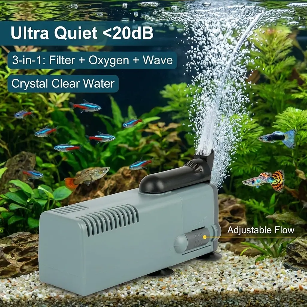 3-in-1 Ultra Quiet Aquarium Filter - <20dB Silent Pump for Crystal Clear Water QD-1900F