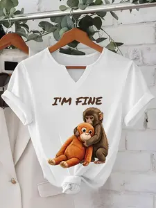 Women's V Neck Short Sleeve T-Shirt, Letter Print, Small Open Neck Design, Breathable Comfort, Spring Summer Fashion