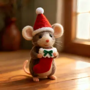Handmade Christmas Mouse Needle Felting Doll, Cute Festive Decor & Gift