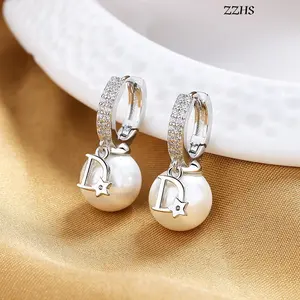 ZZHS Korean Fashion Pearl Drop Earrings for Women Luxury Elegant Shiny Zircon D-letter Charm Hoop Earring Wedding Jewelry