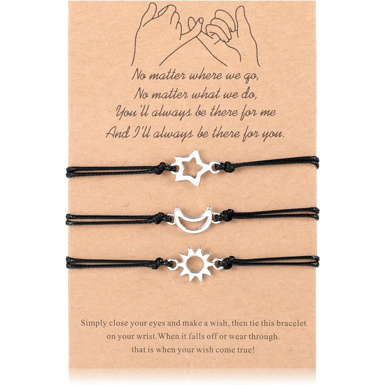 3 Pcs Pinky Promise Bracelet, Friendship Matching Bracelets with Sun Moon Star Best Friend Charm Bracelets Adjustable Braided Cord Relationship Jewelry Gift for Women Men Best Friend Sister Family