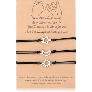 3 Pcs Pinky Promise Bracelet, Friendship Matching Bracelets with Sun Moon Star Best Friend Charm Bracelets Adjustable Braided Cord Relationship Jewelry Gift for Women Men Best Friend Sister Family