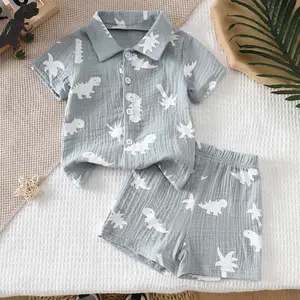 Baby Boy 2-Piece Dinosaur Print Outfit Set Short Sleeve Button Down Shirt + Shorts, 6M-4Y Summer Beach & Casual Wear C441