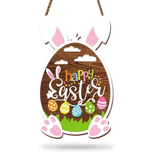 Easter Bunny Wooden Hanging Decoration, Colorful Egg Rabbit Door Sign, Spring Indoor Outdoor Porch Wall Decor, 1 Piece