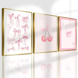 3 Count Aluminum Alloy Frame Canvas, Fashion Poster Pink Bow And Cherry Art, Wall Decoration, Modern Art, Suitable For Living Room, Bedroom, Kitchen, Home Office, Cafe, Bar, Dormitory, Corridor, Family Decor, Gift