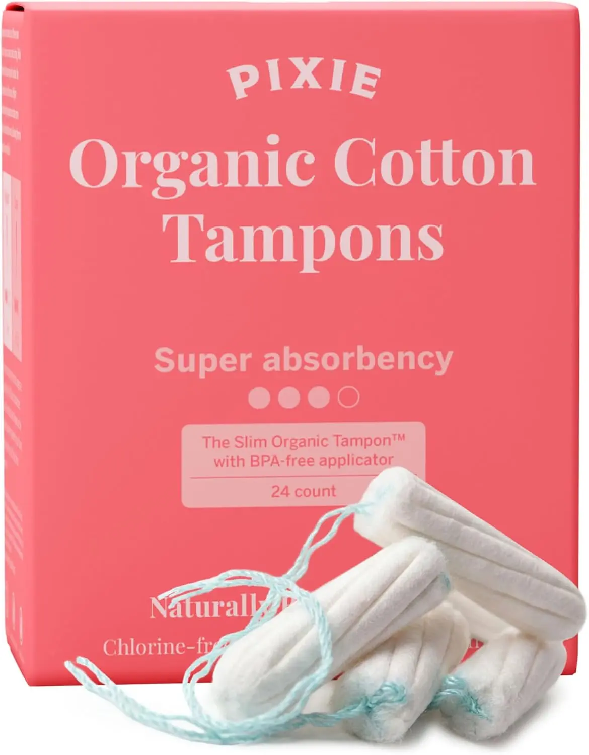 Pixie Organic Cotton Tampons – Super Absorbency – BPA-Free Long Applicator – Unscented, Chlorine-Free Feminine Care – 24 Count