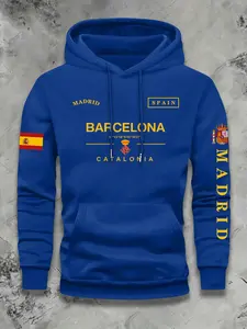 Barcelona Theme Hoodie Sweatshirt, Geometric Pattern, Loose Fit Daily Wear, Trendy Casual Iberian Style, All Seasons Fashion
