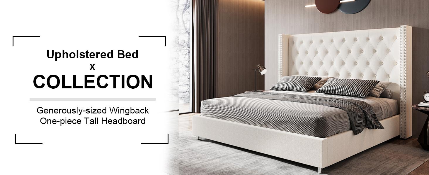 AMERLIFE Bed Frame with 49.2" Wingback Headboard, Upholstered Velvet Bed with Tufted Diamond Button/No Box Spring Needed/Easy Assembly/Christmas Gift
