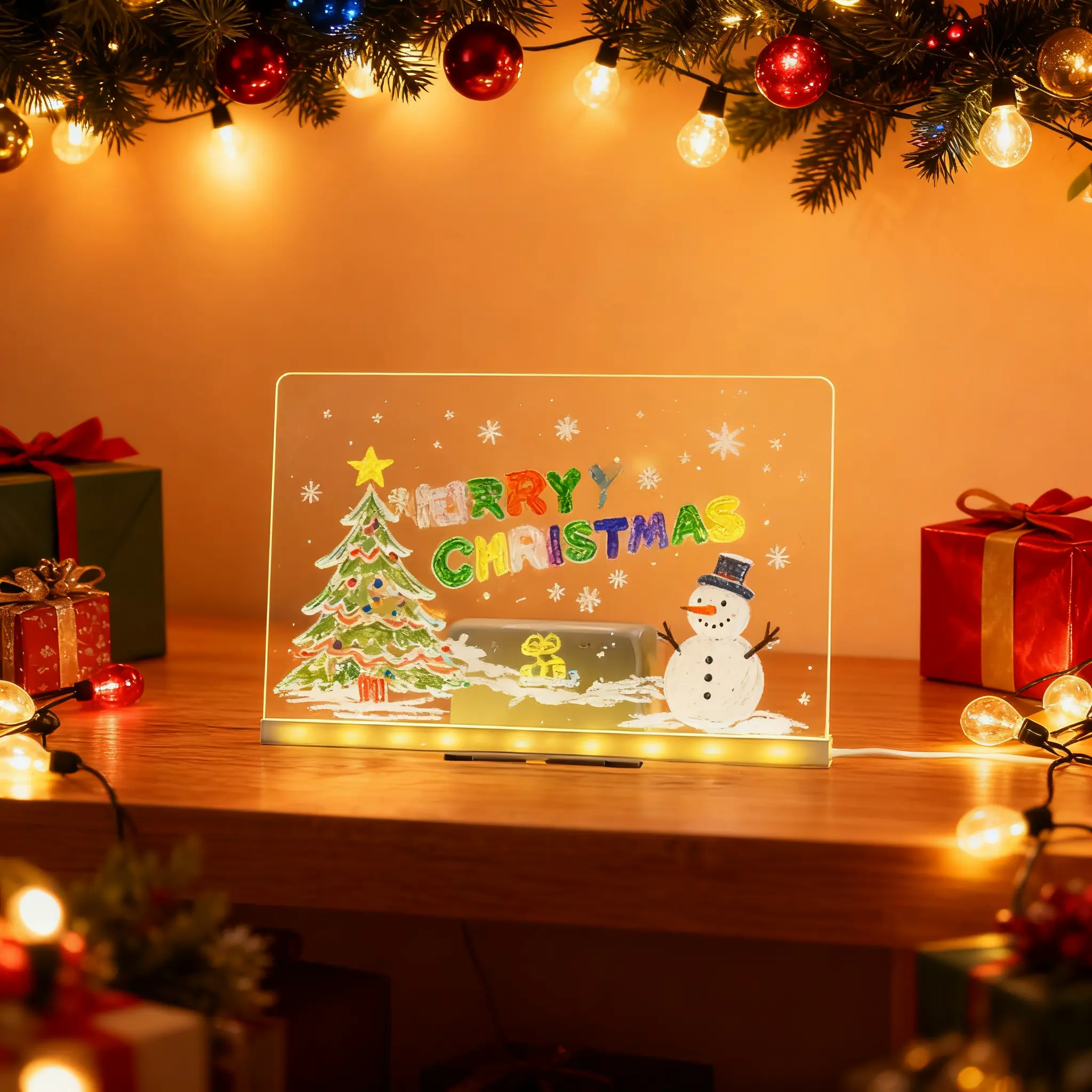 USB-Powered LED Message Board – Lumiboard 12x8 Acrylic Glow Tablet with 12 Neon Pens, Erasable Drawing Pad for Kids, Perfect for Desk Decor & Cafe Signs