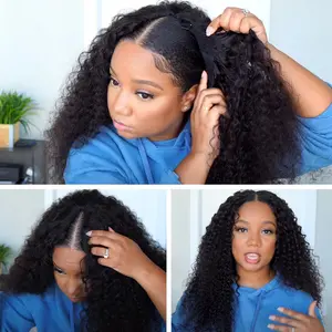 MORE FACE V Part Bob Wig Glueless Kinky Curly Human Hair Wigs With No Leave Out 180% Density Curly Human Hair Wigs Beginners Friendly