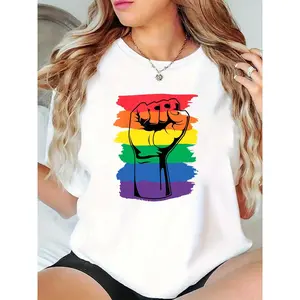 Women's Rainbow Pride Fist T-Shirt, LGBTQ+ Pride Month Graphic Tee, Casual Short Sleeve Top for Parades, Festivals & Daily Wear, Support Equality & Love Is Love 100% Cotton T-shirt